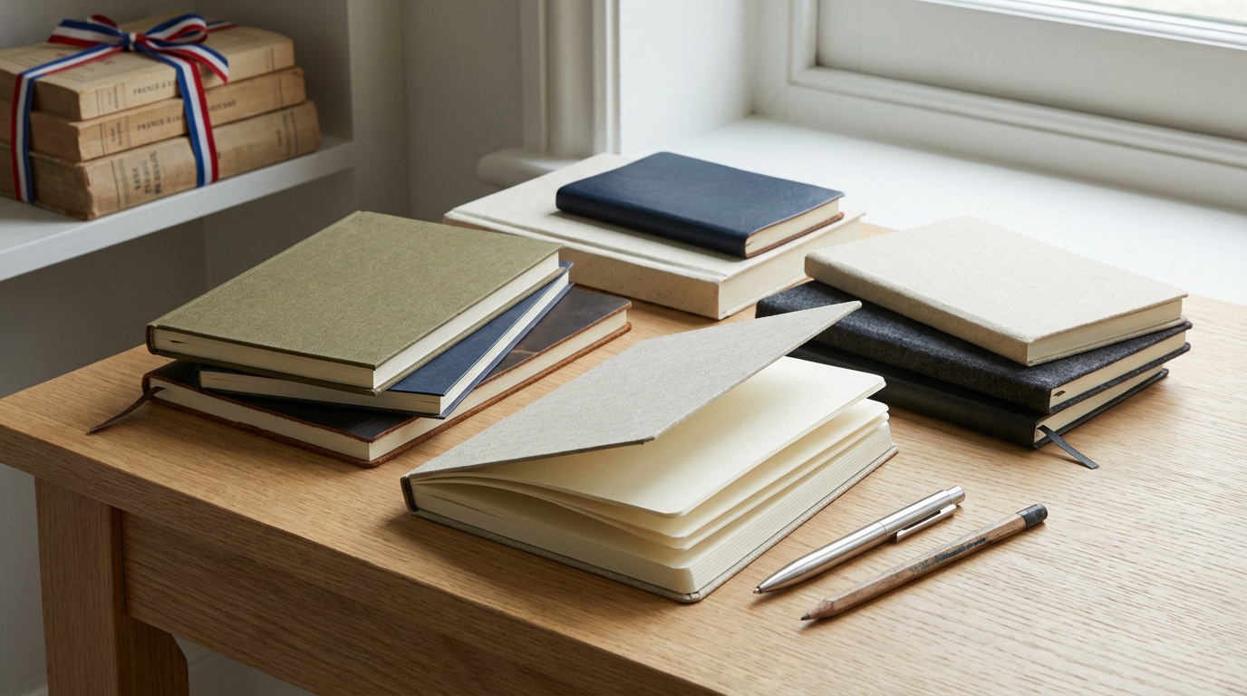 Assortiment de carnets de notes fabriqués en France, un ouvert, avec stylo et crayon sur table en bois. Livres anciens en arrière-plan.